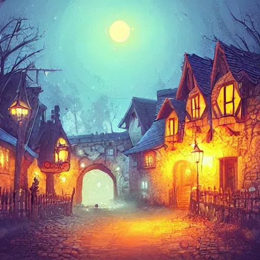 Prompt: A quaint, medieval magical village at night, digital painting by Alena Aenami, trending on artstation