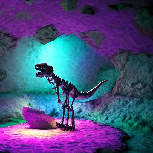 Image similar to photorealistic dinosaur skeleton inside a geode of colored crystals, volumetric lighting