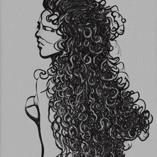 Image similar to a black and white drawing of the silhouette of a woman with long curly hair using a dress