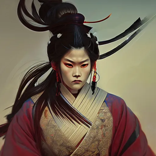 Image similar to oni samurai japanese style, face, fantasy, intricate, elegant, highly detailed, digital painting, artstation, concept art, smooth, sharp focus, illustration, artstation, cgsociety, art by artgerm and greg rutkowski and alphonse mucha