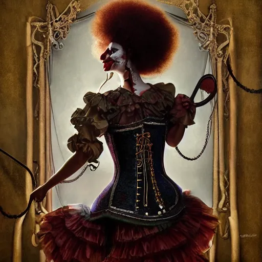 Prompt: photorealistic soft paint of a curiosities carnival, single beautiful clown in a full steampunk corset very long snakes hairs, symmetry accurate features, ominous depths, elegance, focus, rainbow lighting, very high details, award winning masterpiece, behance, by tom bagshaw
