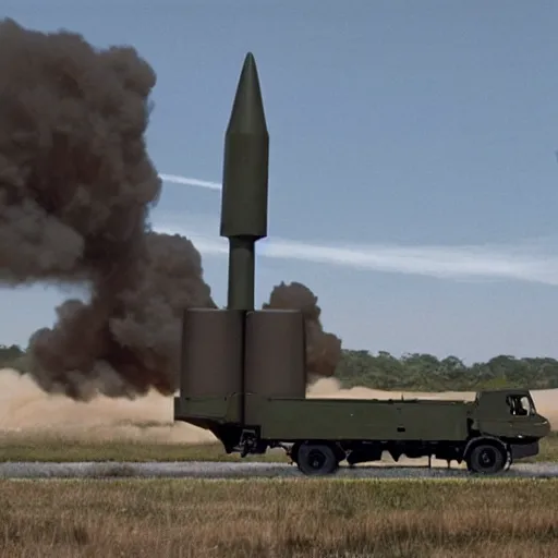 Image similar to HIMARS Launcher System as the American Psycho, cinematic still