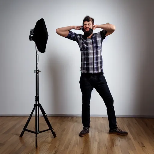 Prompt: brawny burly surly coyote head (man) standing in a plain white room studio photo