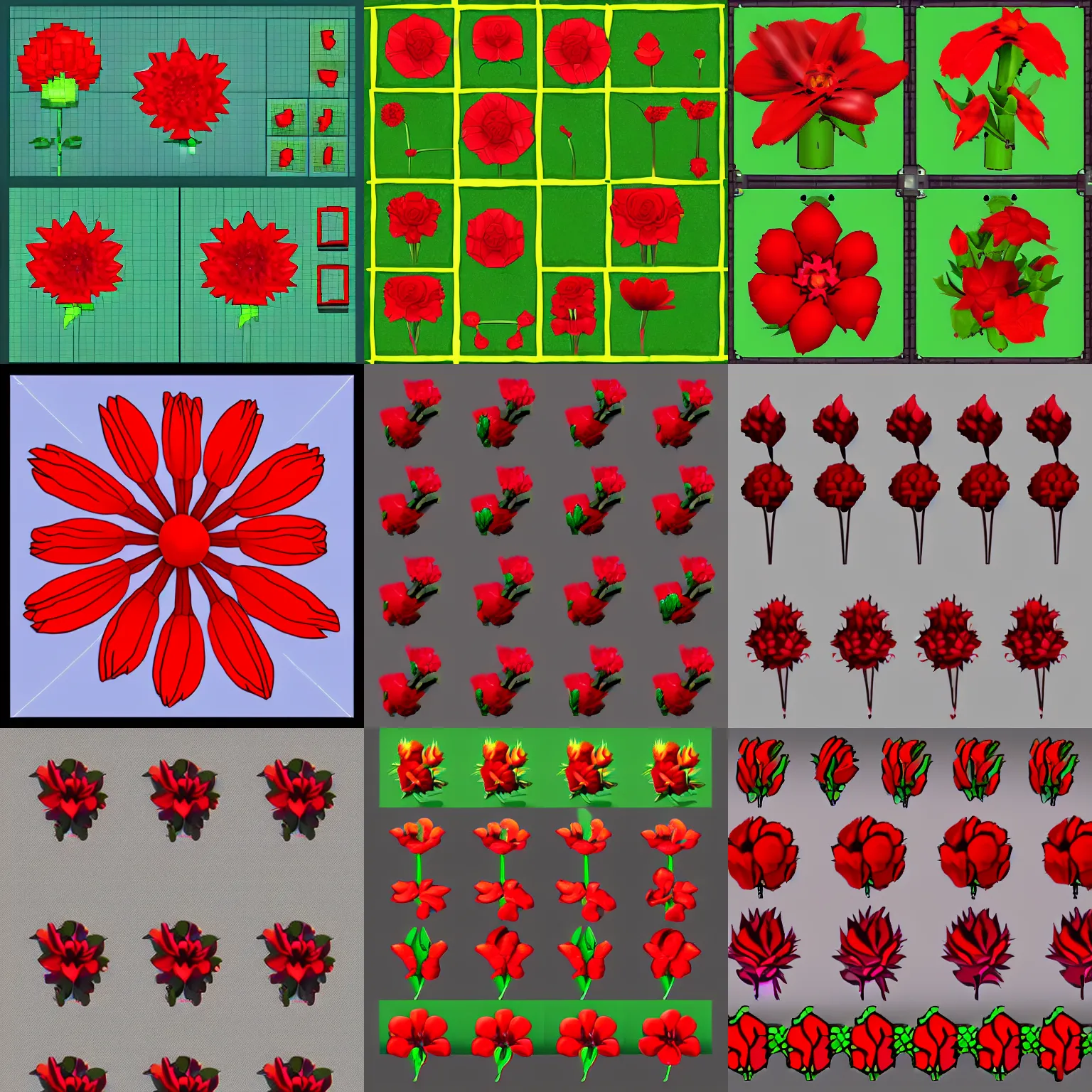 Prompt: sprite sheet of a red flower. 6 4 x 6 4, animation, frames, game asset, unreal engine, stylised