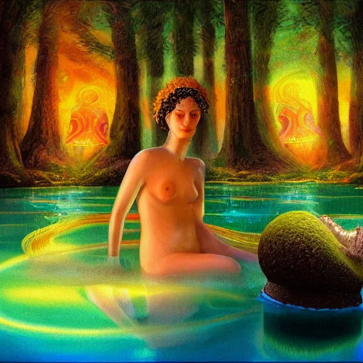 Image similar to goddess of mushrooms bathing in the glowing lake, fantasy painting