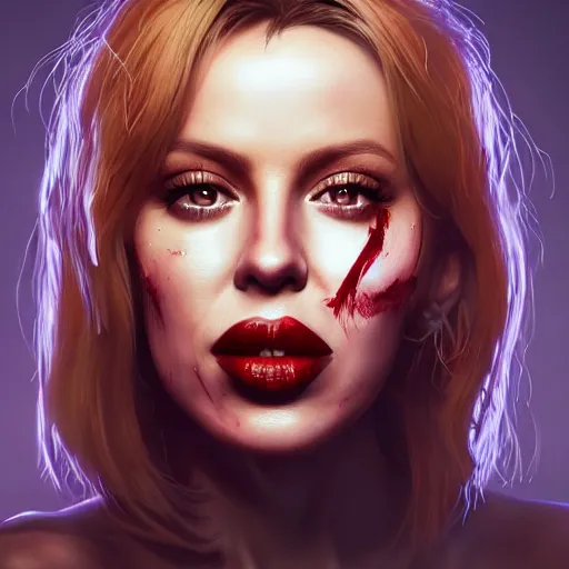 Image similar to portrait of kylie minogue as a zombie with cuts on face, 7 days to die zombie, fine art, award winning, intricate, elegant, sharp focus, cinematic lighting, highly detailed, digital painting, 8 k concept art, art by guweiz and z. w. gu, masterpiece, trending on artstation, 8 k