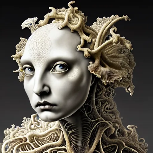 Prompt: detailed realistic porcelain beautiful organic calaveras goddess face portrait by jean delville, gustave dore, iris van herpen and marco mazzoni, art forms of nature by ernst haeckel, art nouveau, symbolist, visionary, gothic, neo - gothic, pre - raphaelite, fractal lace, intricate alien botanical biodiversity, surreality, hyperdetailed ultrasharp octane render