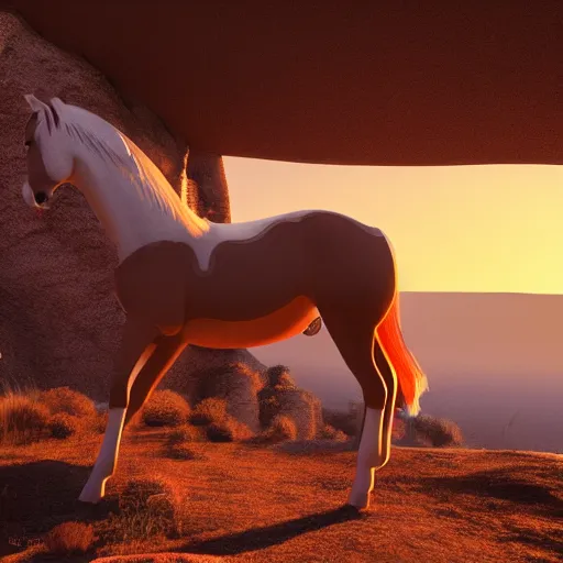 Prompt: spirit untaimed, brown horse from the movie next to a canyon riding in the sunset, movie poster, 8 k, trending on artstation, octane render, volumetric shadows