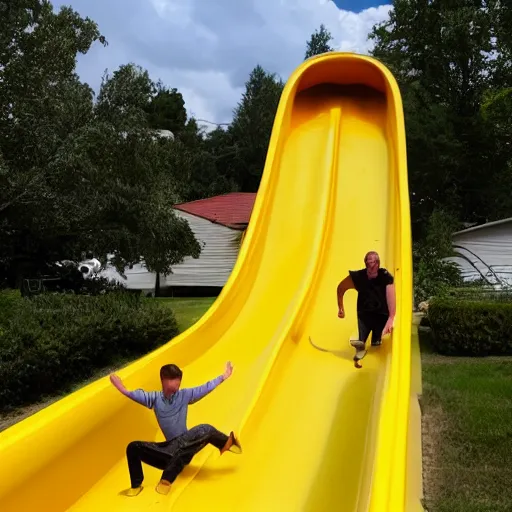 Image similar to boss ross screaming on a giant yellow slide