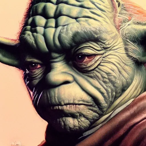 Image similar to ultra realistic portrait painting oftommy lee jones as yoda, art by frank frazetta, 4 k, ultra realistic, highly detailed, epic lighting