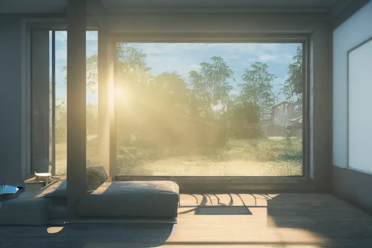 Prompt: rays of the morning sun shining through the window of the village house. very beautiful, clear sky, warm shiny colors, octane render