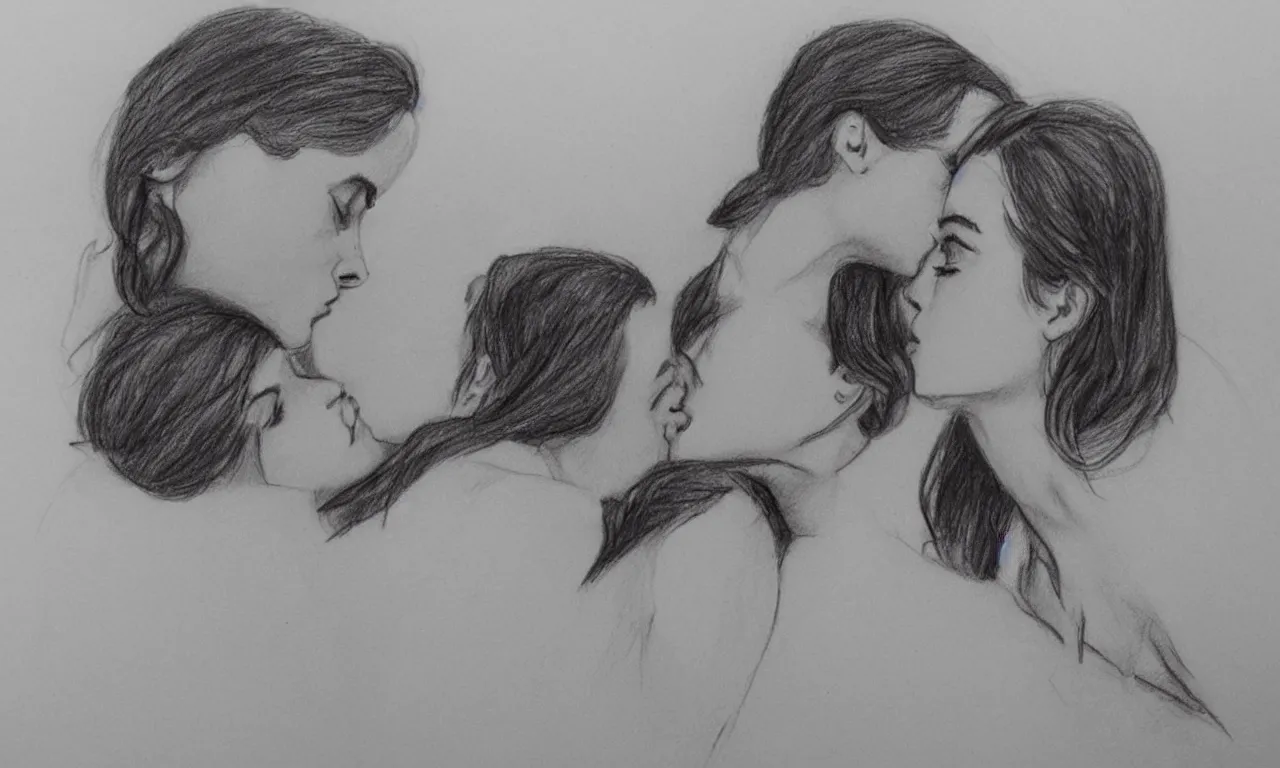 Prompt: emma watson kissing anne hathaway pencil sketch,