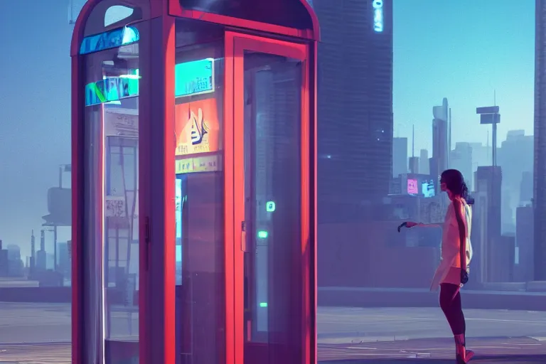 Prompt: a person jumping in the air in front of a phone booth, cyberpunk art by beeple, cgsociety contest winner, retrofuturism, octane render, concept art, dystopian art