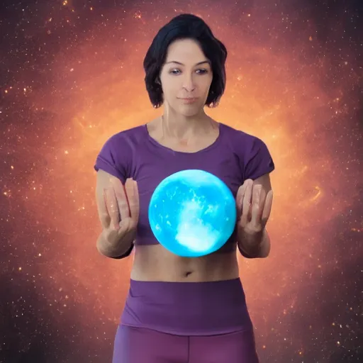 Image similar to female yoga instructor holding planet in space, trending on art station, 8 k