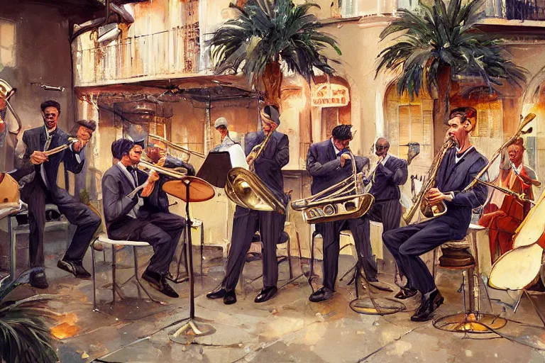 Image similar to a painting of a group of men playing instruments, a jazz band in new orleans, by rossdraws, wlop, greg rutkowski, ghibli