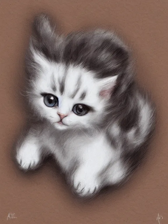 Image similar to A cute kitten made from clouds, by artgerm, beautiful, mixed media on toned paper, 2021, very detailed, coffee art