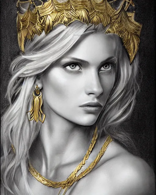 Image similar to realism tattoo sketch of beautiful super model aphrodite greek goddess wearing a gold laurel wreath and triangle earrings,, beautiful piercing gaze with sharp pupils, beautiful blonde hair, in the style of greg rutkowski, fantasy, amazing detail, epic, elegant, smooth, sharp focus, front view