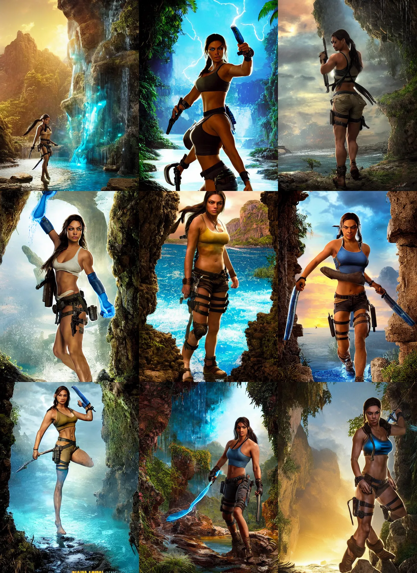 Prompt: mila kunis as muscled amazon lara croft wading through blue glowing water, bright white castle stones, 2 0 0 mm focal length, epic vista of old ruins, sundown, golden hour firefly wisps, steve hanks, charlie bowater, mark brooks, steve henderson, justin gerard, mark keathley, victor nizovtsev, ross tran, wlop