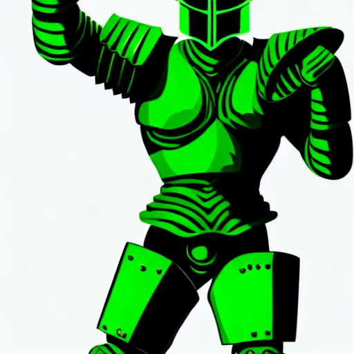 Image similar to a picture of a giant armour green man with his fist up, vector art by mor than, low angle, trending on deviantart, mingei, flat shading, prerendered graphics, marvel comics