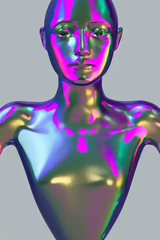 Image similar to 3d render of holographic human robotic bust made of glossy iridescent, bust, surrealistic 3d illustration of a human non-binary, non binary model, 3d model human, cryengine, made of holographic texture, holographic material, holographic rainbow, concept of cyborg and artificial intelligence