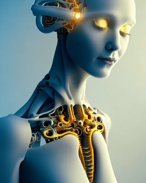 Image similar to white background, halo, dreamy foggy elegant soft luminous profile face 3 d render of a beautiful young golden biomechanical - female - cyborg with a delicate detailed gold mandelbrot fractal texture skin and a very long neck with white gothic pearl embroidered collar, white smoke atmosphere, hg giger, 8 k