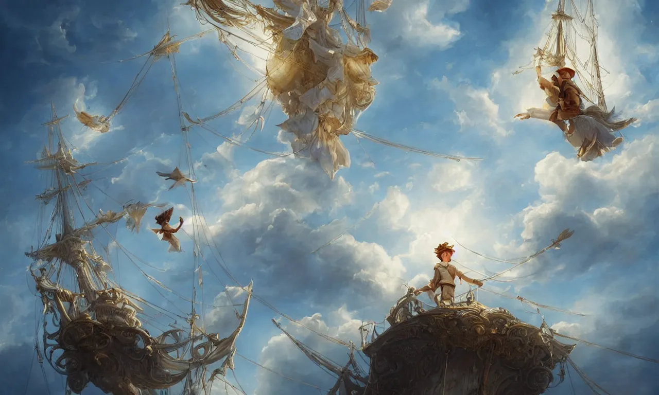 Image similar to a beautiful digital painting of peter pan, a white caravel flying in the clouds, birds in the sunlight, numerous golden ropes and intricated sails, blue sky at sunset, elegant, highly detailed, artstation, concept art, matte, sharp focus, art by tom bagshaw, kelogsloops and greg rutkowski