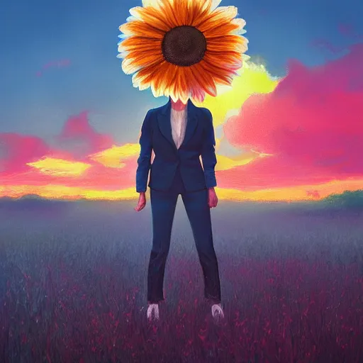 Image similar to giant daisy flower uber head, frontal, a girl in a suit, surreal photography, sunrise, dramatic light, impressionist painting, digital painting, artstation, simon stalenhag