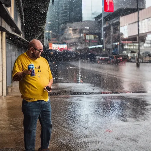 Image similar to man standing outside, drinking a canned beer, it is raining and he has no shelter so he gets soaked.