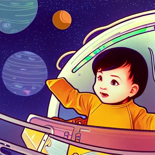 Prompt: a baby in a spaceship, very detailed, smooth render, illustration, art style by shigeru miyamoto and Alphonse Mucha