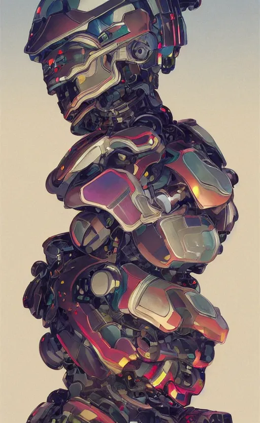 Image similar to upper half portrait of colourful army mecha robot, art by hsiao - ron cheng & alphonse mucha, highly detailed, digital painting, concept art, illustration, smooth sharp focus, intricate, symmetry, blcak background, black backdrop, artstation,