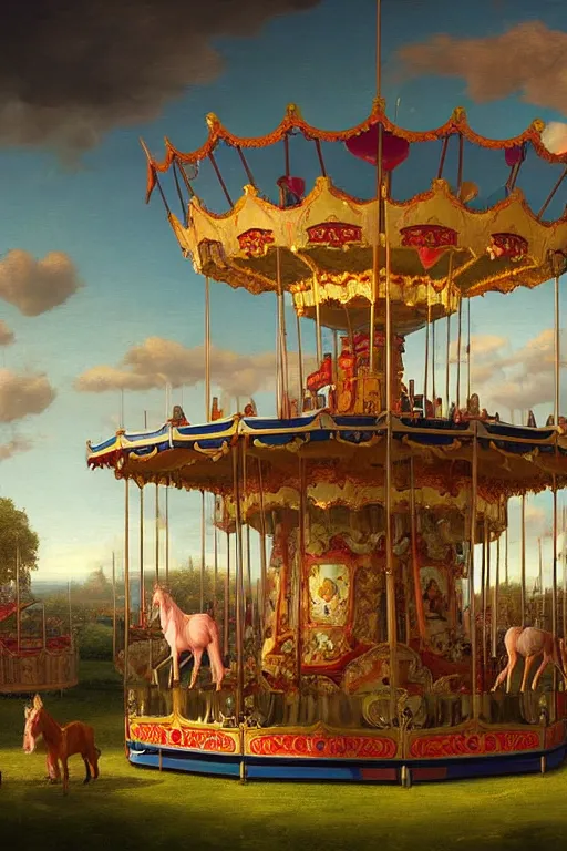 Image similar to a beautiful digital illustration painting of a fantasy carousel with painted horses by benoit b. mandelbrot, steven belledin, martin johnson heade, lee madgwick, caspar david friedrich, and david rios ferreira. 8 k resolution trending on artstation concept art digital illustration