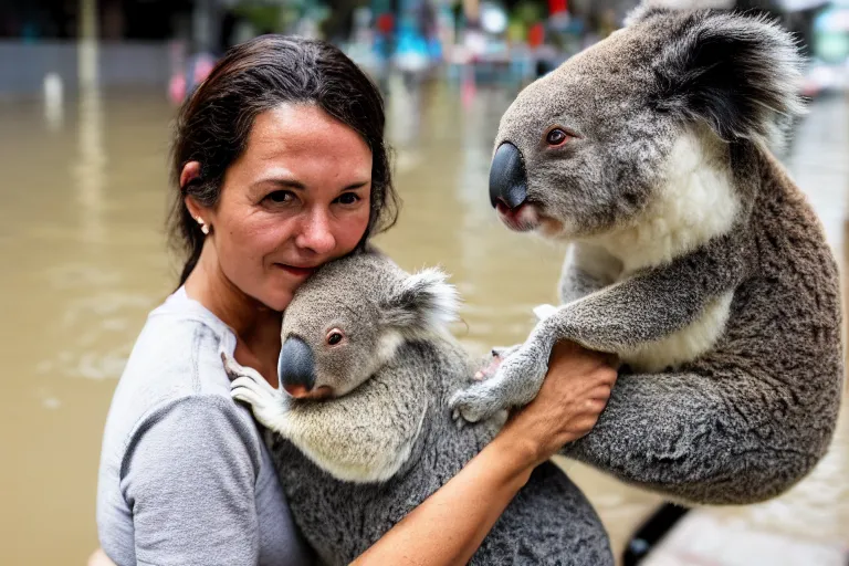 Prompt: closeup portrait of a woman carrying a koala over her head in a flood in Rundle Mall in Adelaide in South Australia, photograph, natural light, sharp, detailed face, magazine, press, photo, Steve McCurry, David Lazar, Canon, Nikon, focus