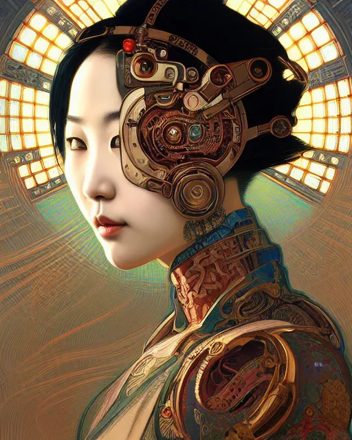 Image similar to portrait of a cyberpunk machine, machine face, upper half portrait, decorated with chinese opera motifs, asian, fine china, wuxia, traditional chinese art, intricate, elegant, highly detailed, symmetry, headpiece, digital painting, artstation concept art smooth sharp focus, illustration, art by artgerm and greg rutkowski alphonse mucha 8 k