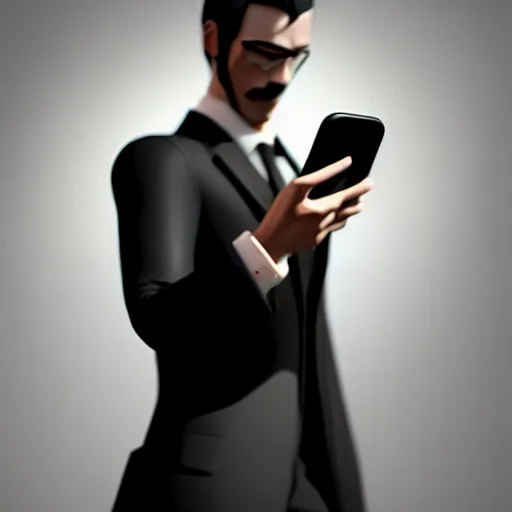 Image similar to a man in a black suit, holding a very advance phone, stylized, artstation, hd, cgsociety, cgi, realistic, dramatic, cinematic, artistic, trending, detailed