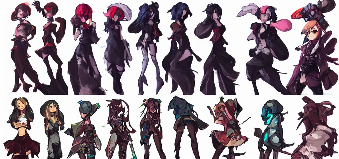 Prompt: concept art of female video game characters head designs, disgaea, flcl, hearthstone, unique silhouettes, cute casual streetwear, by marc brunet and artgerm