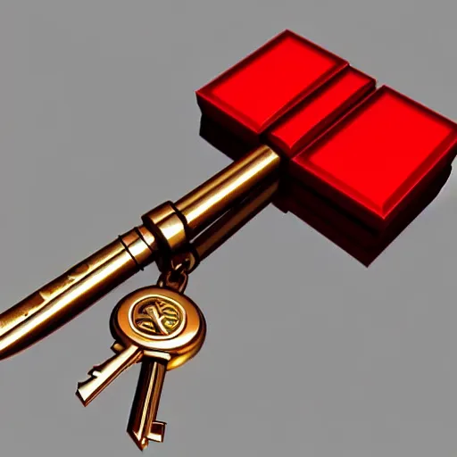 Image similar to a 3d game object of the metal key, very realistic, with large red diamond in it, it is very detailed, on the white background, rpg game inventory item