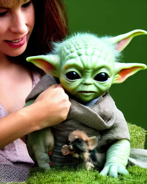 Image similar to stock photos of baby yoda playing with a cute puppy, hyperreal