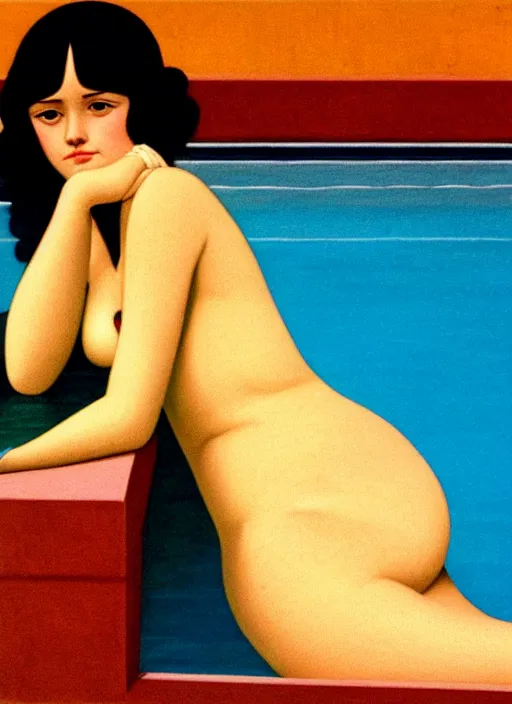 Image similar to portrait of a girl, in retro swimsuit, lying by the pool, minimalist oil painting by john godward, cheng, hsiao - ron, flat colors, beautiful lightning, sharp