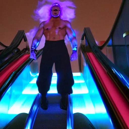 Prompt: bioluminescent hulk hogan in the darkness on an escalator