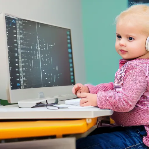 Image similar to a blonde toddler child baby girl working CAD computer drafting, civil engineer, sitting at a desk