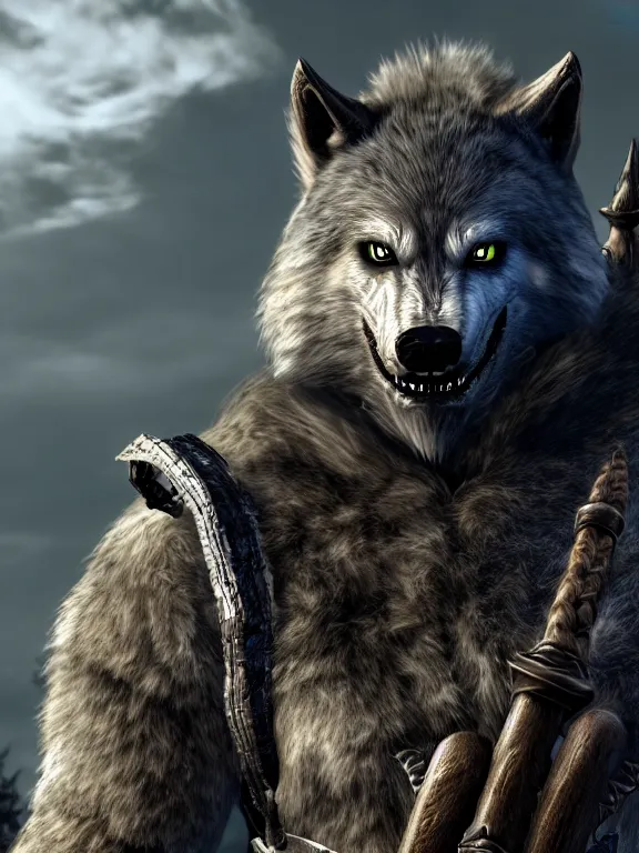 Image similar to cute handsome cuddly burly surly relaxed calm werewolf from van helsing unreal engine hyperreallistic render 8k character concept art masterpiece screenshot from the video game the Elder Scrolls V: Skyrim