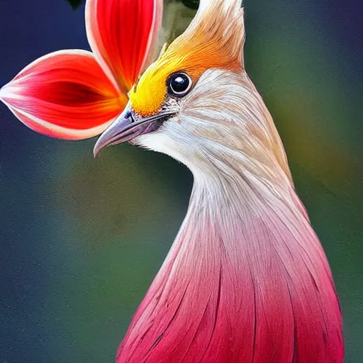 Prompt: a bird with arms instead of wings holds a beautiful flower, digital art, high detail, realistic