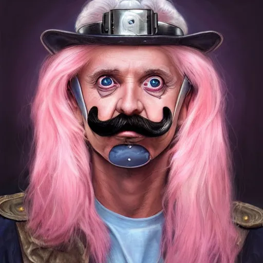 Image similar to 6 0 - year - old charles elmer rip taylor jr as a cyborg, blonde wig, handlebar moustache, portrait, western, steampunk, pink duster, fantasy, intricate, elegant, highly detailed, digital painting, artstation, concept art, sharp focus, illustration, art by artgerm and greg rutkowski and alphonse mucha