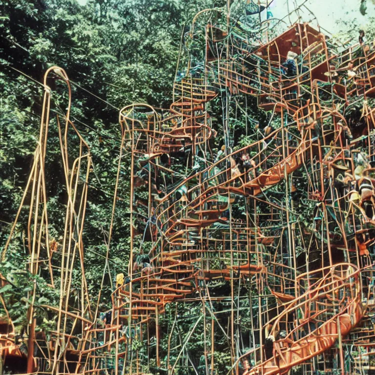 Image similar to full - color closeup 1 9 7 0 s photo of a large complex very - dense very - tall many - level jungle - gym in a crowded schoolyard. the jungle - gym is made of dark - brown wooden planks, and black rubber tires. it has many wooden spiral staircases, high bridges, ramps, and tall towers.