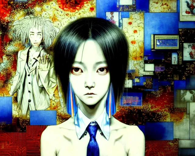 Prompt: yoshitaka amano blurred and dreamy realistic three quarter angle horror portrait of a sinister young woman with short hair, big earrings and white eyes wearing office suit with tie, glitchy vhs tape recording, white and blue glitchy junji ito abstract patterns in the background, satoshi kon anime, noisy film grain effect, highly detailed, renaissance oil painting, weird portrait angle