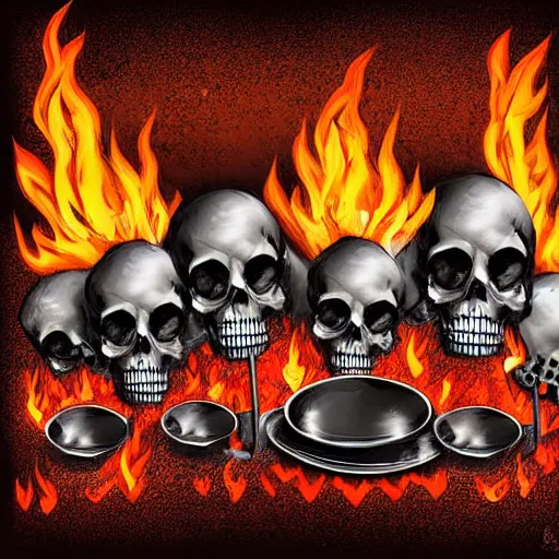 Image similar to Stack of dishes, on fire, skulls, digital art