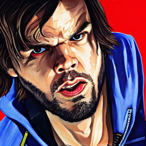 Prompt: orelsan in gta v covert art painted by stephen bliss, centered, uncropped