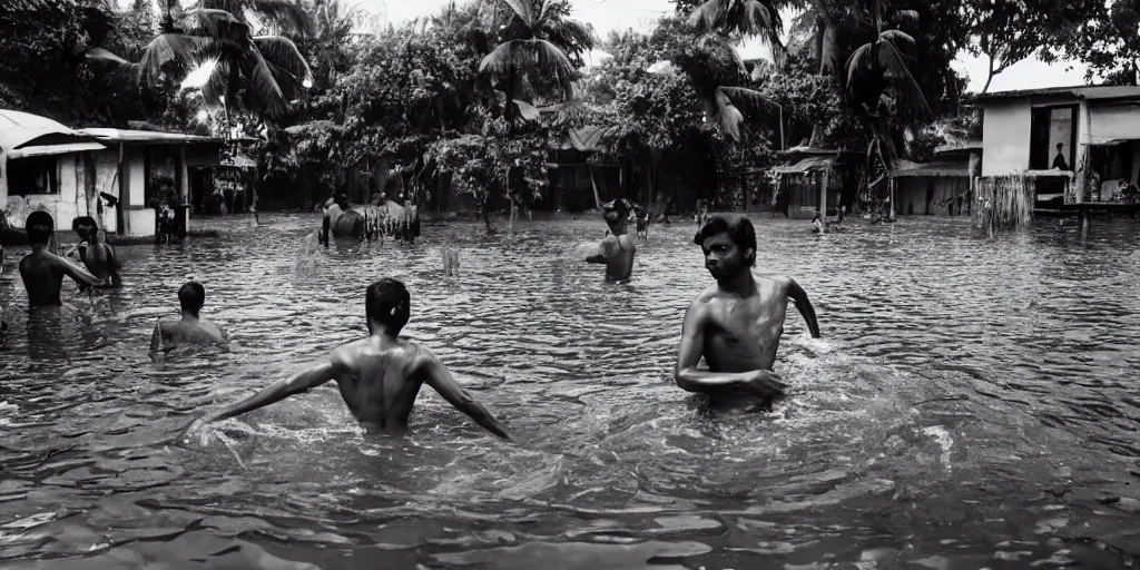 Image similar to sri lankan submerged in a pool, film still, thriller movie style