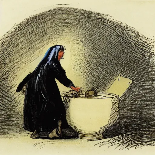 Prompt: An old witch dressed in black making potions in her cauldron. By Francisco de Goya.