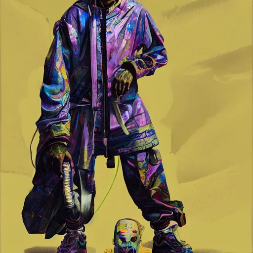 Image similar to a full body sci-fi portrait, oil painting, illustration of Snoop Dog as an old African Jedi, techwear, colourful, by Justin Sweet and Greg Rutkowski and Alphones Much